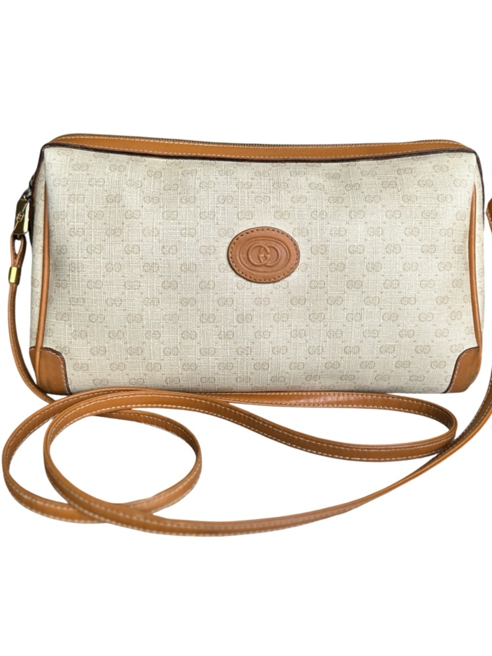 GUCCI Vintage Micro GG Ivory Coated Canvas Leather Shoulder Bag Crossbody